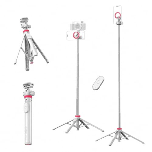 Image of ULANZI MT44M Auto Open Magnetic Phone Tripod, 59 inch Selfie Stick with Remote | Tripod Stand 2-in-1 Dual Mount&1 /4 inch Screw for Phone&Camera, 360Ball Head for iPhone Android, Vlogging, Live Streaming(White)