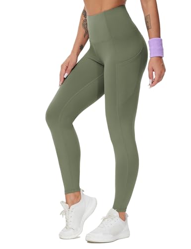 Image of THE GYM PEOPLE Thick High Waist Yoga Pants with Pockets, Tummy Control Workout Running Yoga Leggings for Women