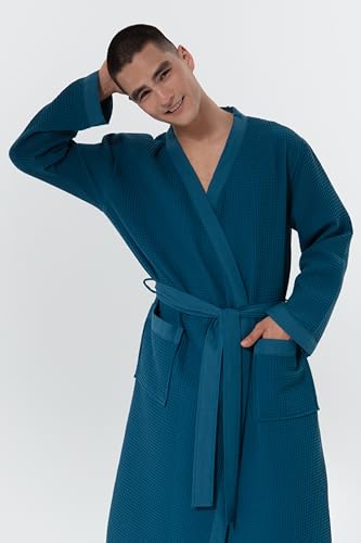 Image of SEYANTE Mens Premium Waffle Knit 100% GOTS Certified Turkish Organic Cotton Kimono Robe