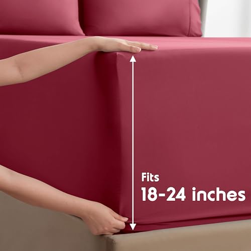 Image of Nestl Extra Deep Twin Sheet Set - 4 Piece Breathable & Cooling Sheets - Hotel Luxury Bedding Set w /18-24 Inch Deep Pockets - Easy & Secure Fit - Super Soft, Wrinkle Free & Comfy - Burgundy Red