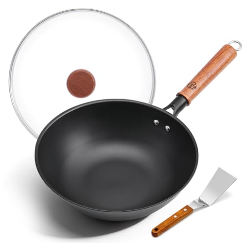 Image of WANGYUANJI 10 Inch Small Carbon Steel Wok Pan with Glass Lid, Lightweight Flat Bottom Stir Fry Pan, Nitrided No Chemical Coating Wok for Induction, Gas & Electric, 1-2 Servings
