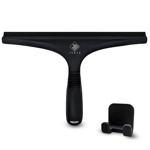 IVOXO Limpiacristales de silicona negra – Limpiacristales y limpiacristales 25 cm – Limpiacristales con ganchos sin taladrar – Extractor para puerta de cristal de baño y espejo