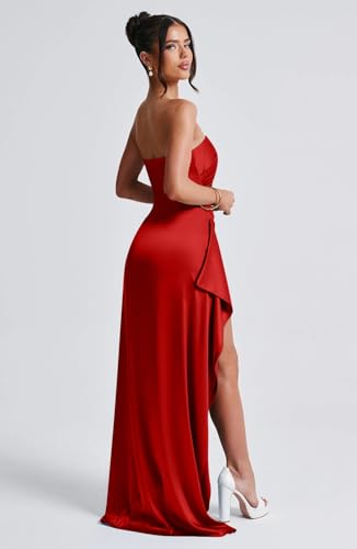 Image of Memoriesea Women's Sexy Strapless Neck Ruched High Slit Cocktail Party Maxi Dress Red