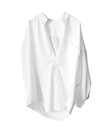 QING Mujer Camisa Cuello En V Blusas de Manga Larga Casuales Tops Blusa Ligera con Bolsillo en el Pecho Blancas/Negras (Blanco)
