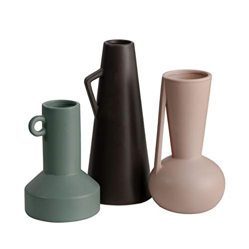 TERESA'S COLLECTIONS Modern Ceramic Vase for Home Decor, Set of 3 Morandi Multicolored Decorative Jug for Living Room, Kitchen, Table, Mantel Decoration, H10.4, 8.9" & 7.1" ( Brown, Pink, Teal )