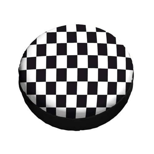 Image of Checkered Racing Flag Spare Tire Cover Black and White Symbolic Design of End of Car Race Polyester Universal Wheel Tire Cover for Trailer Camping Weatherproof for Rv SUV Truck Camper Travel 17 inch