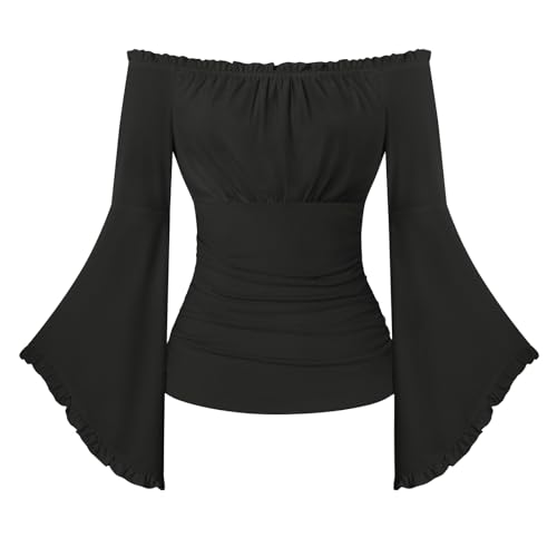 SCARLET DARKNESS Renaissance Pirate Wrap Top Women Off the Shoulder Flare Sleeve Blouse Medieval Gothic Halloween Costume Black XL