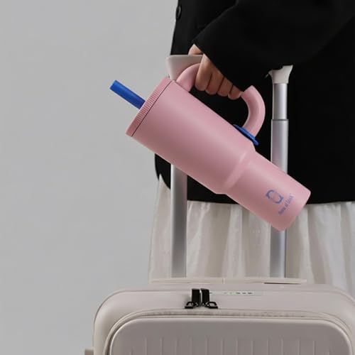 Image of House of Quirk 1200ml Stainless Steel Tumbler with Handle, Straw & Straw Cap | Leakproof Water Bottle | Large Capacity Travel Mug (Blossom Pink)