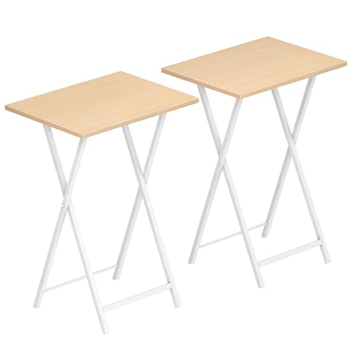 HOOBRO Plegable Mesa Auxiliar de 2, Mesa Lateral para Sofá, Escritorio Pequeño para Portátil, pequeño Plegable Mesa de TV, Fácil Almacenamiento Estructura, Blanco y Madera Natural EWN25BZ01