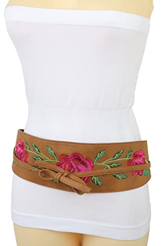 Women Black Tie Fashion Belt - Wrap Around Faux Leather Wide Waistband Flower Kimono S M4
