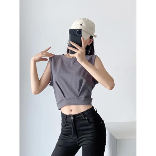 Spring Summer Solid Colour Casual Loose Short O-Neck Tank Tops Sports Vest Folds Top3