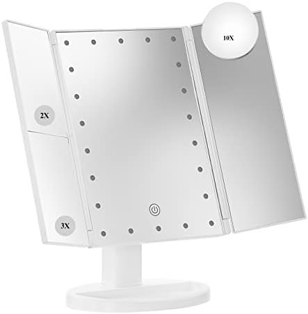 HMGOLD Makeup Vanity Mirror with Lights, 2X 3X 10X Magnification Portable Travel Makeup Mirror Gifts for Women, Touch Control Dimmable, Tri-Fold Lighted Makeup Mirror Dual Power Supply White