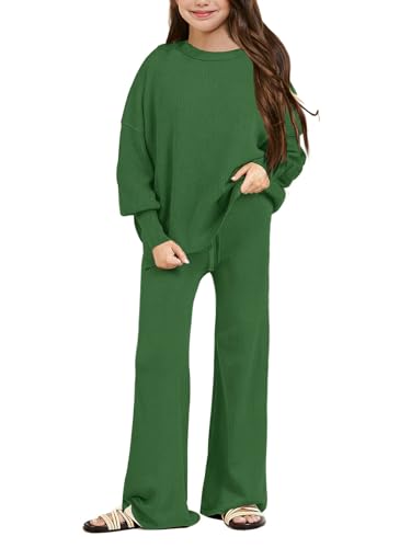 Image of Haloumoning Girls 2 Piece Outfits Kids Long Sleeve Crewneck Sweater Drawstring Wide Leg Long Pants Sweatsuits Sets 5-14T