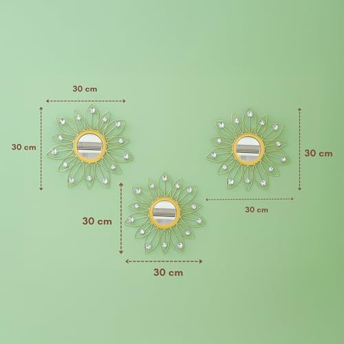 Image of Metal Sunflower Mirror Wall Decor with Crystals | Decorative Mirror Wall Mounted Mirror Wall Decor for Living Room Beautiful Modern Designer | Hanging Mirror Sculpture Set of 3 (Crystal Golden)