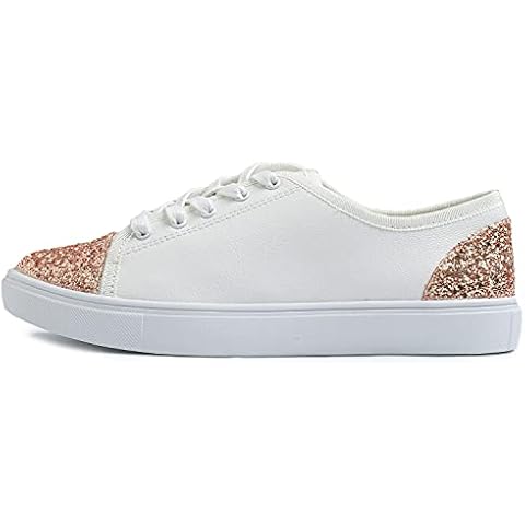 Feversole Women's Featured PU Leather Tonal Colorful Lace-Up Trainer Rose Gold Glitter Size 5 Cover
