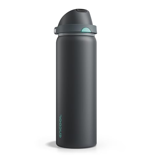 Image of Insulated Water Bottle with Straw - Encool Stainless Steel Water Bottle with Push Button Lid, Leak-Proof & BPA-Free, Keeps Cold for 24 Hours for Sports, Travel, Gym (32 oz, Tuna Grey-Green)
