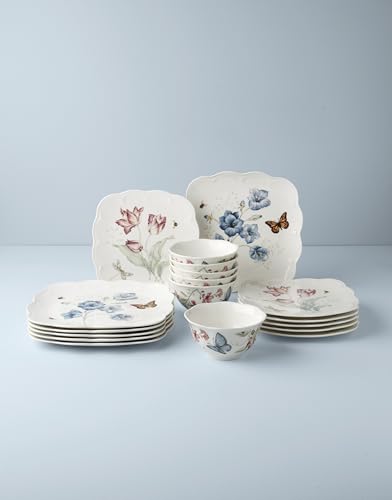 Image of Lenox Porcelain Dinnerware Sets For 6, Lenox Butterfly Meadow Collection Square 18-Piece Dinnerware Set, Service For 6, Kitchen and Dining, Round Bowls, Square Dinner Plates and Bowls Sets (18 Piece)