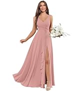 BOLENSYE Women's V Neck Bridesmaid Dresses with Pockets A Line Ruffles Ruched Long Slit Chiffon E...