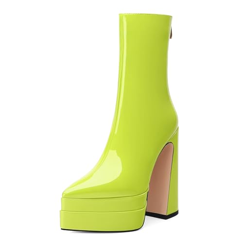 Platform Mid Calf Boots for Women Chunky High Heel Pointed Toe Boots Patent Side Zipper Short Boots