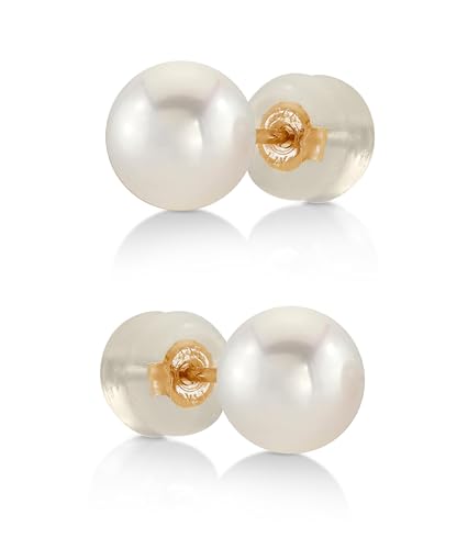 THE PEARL SOURCE Real Pearl Stud Earrings for Women, 14K Yellow Gold Genuine AAA Cultured Freshwater Pearls, Classic Round White Pearl Jewelry Gift for Women, Hypoallergenic Fine Jewelry, 6-6.5mm