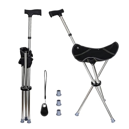 Gehstock mit Sitz 8090cm höhenverstellbar Bluetooth-Alarm klappbar & leicht Cane-Hocker-Dualuse Tragkraft 150kg ideal für Wandern Camping & Outdoor (Gehstock-Sitz mit Stützvorrichtung)