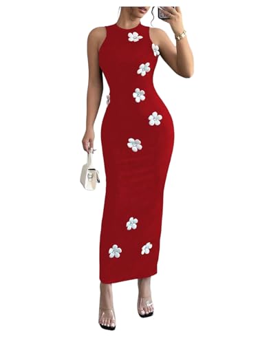 Image of GORGLITTER Women's Long Maxi Dresses 3D Floral Crewneck Sleeveless Knit Bodycon Wedding Guest Sun Dress 2025