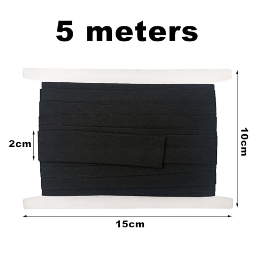 RUNFENG Wolltresse Schrägband aus Baumwolle Factory Gefalzt Baumwollband Webbing mit Fischgrätenstich für Heimwerker Handwerk Nähen Stricken Einfassband Uni gefalzt 5m x 20mm,Einfach zu nähen-Schwarz