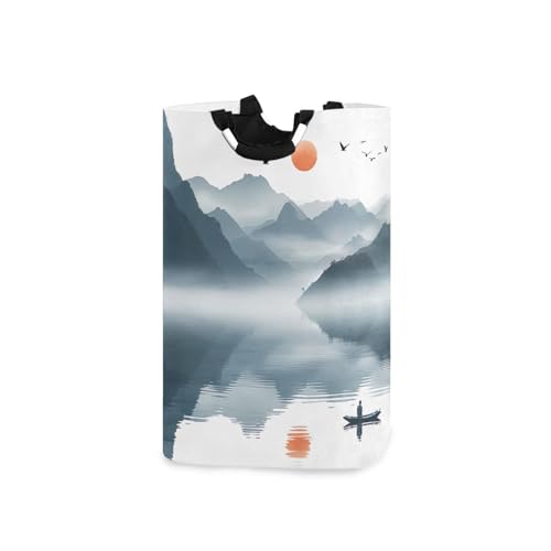 Jihqo Laundry Hamper Basket Ink Mountain Painting Collapsible Nursery Storage Bin Waterproof Clothing Baskets for Home Bedroom Bathroom Washing Room