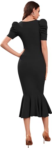 Image of SATPURUSH Women's Lycra Blend Sweet-Heart Neck Puff Sleeve Fit and Flared Calf Length Casual Bodycon Dress for Party, Office, Meetings Etc.