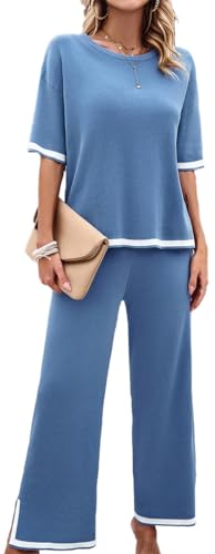 OLIPHEE Mujer Conjunto Chándal Traje De Punto Dos Piezas Casual Tejido Conjunto De Camiseta De Manga Corta Y Pantalones Conjunto De Pijama Cómodo Moda Color Sólido Verano Azul S