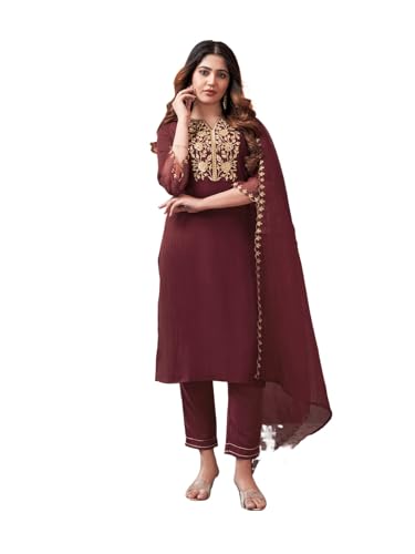 Image of Sanisa Women's Chinnon Embroidery Straight Kurta with Pant and Embroidery Dupatta (38KBD477NZ-S Maroon)