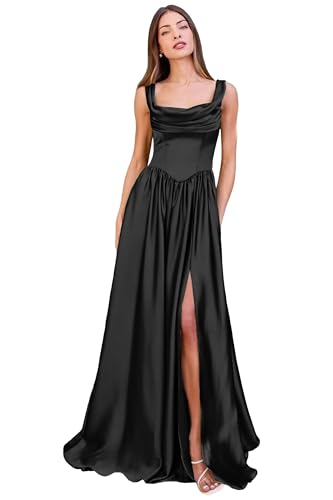 Square Neck Bridesmaid Dresses for Women Long Satin Prom Dresses 2025 with Slit Corset A Line Formal Evening Gown