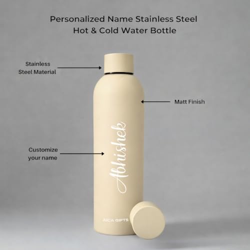 Image of AICA Personalized Name Stainless Steel Water Bottle -500ml - 12 Hrs Hot & 18hHs Cold (Cream) |Customised Gift For Man Woman Girl Boy