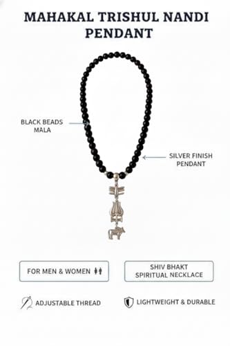Image of Mahadev Trishul & Nandi Pendant Necklace for Men | Silver Shiv Pendant with Black Beads Mala | Spiritual Rudra Necklace for Daily Wear, Devotional Jewelry & Gift