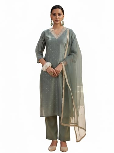 Image of Avanshee Women's Chanderi Cotton Silk with Zari Embroidery Kurta & Silk Crepe Pant Set And Net Dupatta Ethnic Wear Salwar Suit Set (ES 7539)