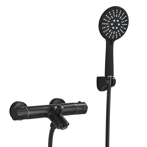 LLFFSSDG Grifo Ducha Termostato, Grifo de bañera negro con alcachofa de mano manguera negra de acero inoxidable, grifo de bañera con ducha para baño grifo bañera termostático de latón