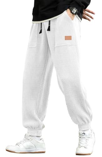 WINKEEY Pantalon Homme en Velours Côtelé Jogging Taille Élastique Cordon de Serrage Pantalon Cargo Décontracté Automne Hiver, Blanc XL