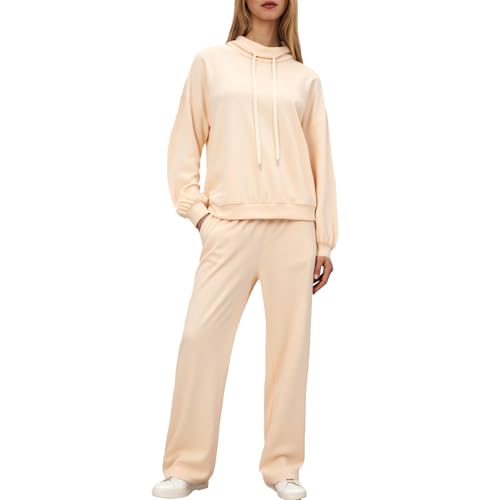 DUHENWU Chándal para mujer cómodo de dos piezas con capucha y pantalones de chándal, traje informal elegante, de manga larga, chándal deportivo, cálido, cómodo, para deporte y uso diario, O beige