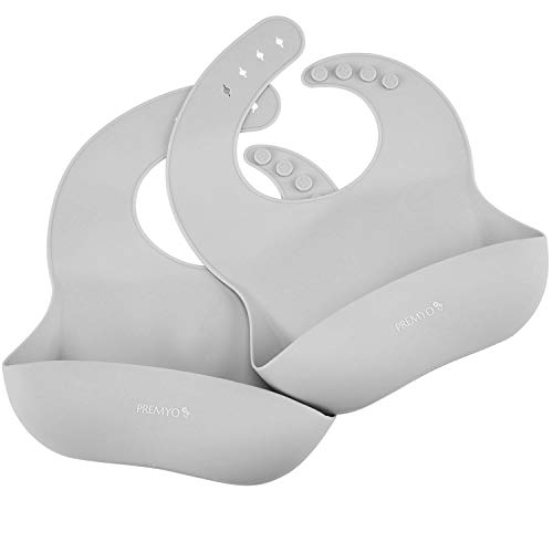 PREMYO Juego de 2 Babero Silicona Bebé con Bolsillo Impermeable Flexible Antimanchas Ajustable Ergonómico Fácil de Limpiar Libre de BPA Gris