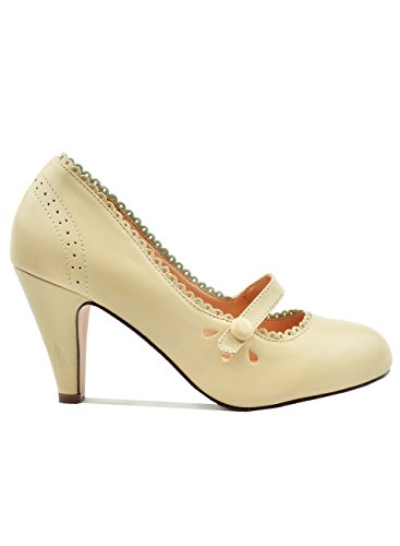 Chase & Chloe Kimmy-69 Round Toe Mary Jane Strap Scallop Cut with Teardrops Women's Pump (7 B(M) US, Nude)