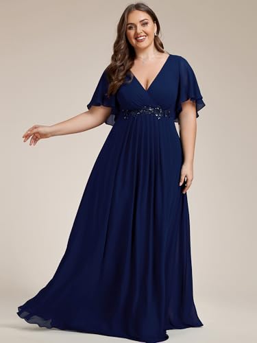Image of Ever-Pretty Short Sleeves V Neck Plus Size Formal Dresses for Curvy Women Chiffon Mother of The Bride Dress Evening Gowns