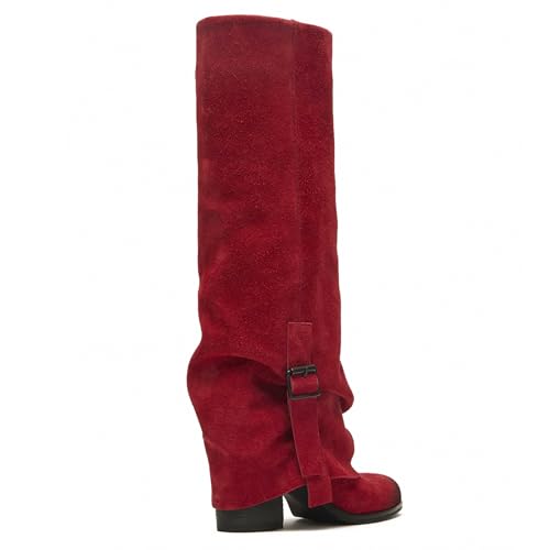 Suede Knee High Boots Women Pull on Round Toe Chunky Heel Fold Over Boots Stacked Riding Biker Slouchy Fall Boot Office Shoes3