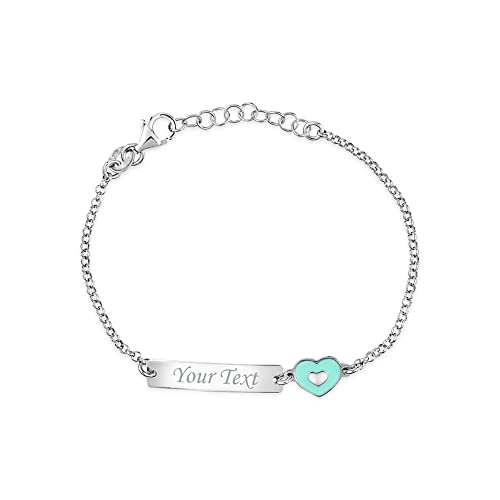 Image of UNICORNJ Sterling Silver 925 Engravable ID Bracelet Rolo Chain for Girls Heart with Pink Enamel 6.5 inch