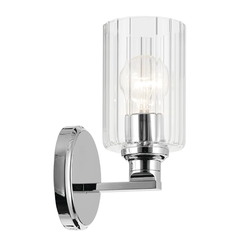 Image of Kichler Gioe 5 inch 1-Light Wall Sconce with Clear Fluted Glass in Chrome, Damp Rated, for Powder Room, Kitchen, Hallway, Bedroom, Fireplace, (5 inch W x 9.5 inch H), 55224CHFLU