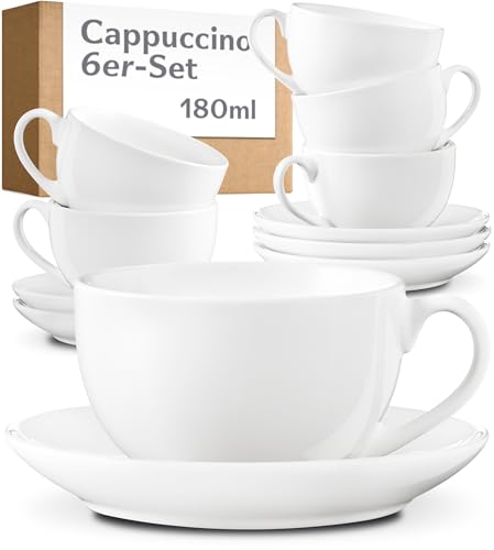 Cosumy Cappuccino Tassen Set 6er mit Untertassen – Kaffeetassen Keramik Weiß – Hält Lange Warm – Spülmaschinenfest – Kaffee Tassen Sets & Kaffeetasse Modern – Kaffeeservice Geschenkidee -180ml