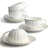 IQCWOOD Tea Cup and Saucers Set of 4(6.09oz), Bone China Tea Cups with Gold Trim, White Teacup for Tea, Milk, Latte, Mocha, Espresso, Microwave & Dishwasher Safe, for Party Cafe Home