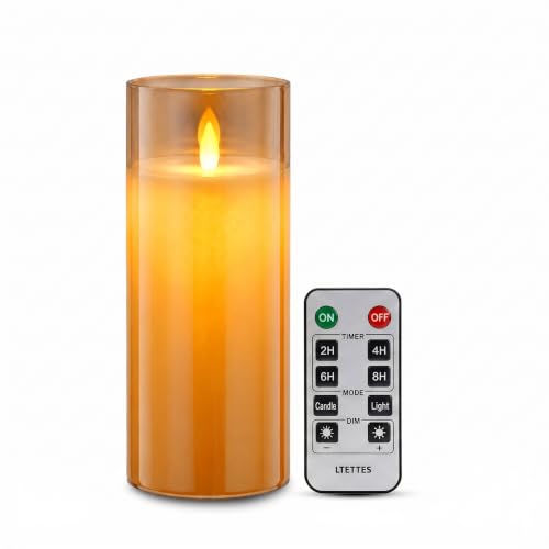 Image of LTETTES Real Wax Led Candle with Glass Cup | Flameless Flickering Wick | Amber Glass Finish | Battery Operated with Remote Controller | Decorative Candle for Home, Festival & Gifting | D-3 inch x H-8 inch
