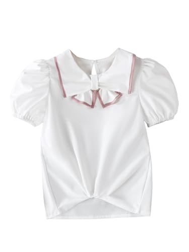 SweatyRocks Girl's Bowknot Peter Pan Collar Blouse Tops Puff Sleeve Casual Shirt