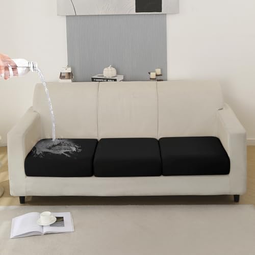 Image of HOKIPO 100% Waterproof Elastic Individual Seat Cushion Cover, 3-Piece Sofa Cushion Cover, Black (AR-5352-BLK*3)