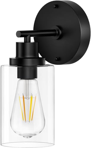 BUTHY Black Wall Sconce Light: Modern Wall Sconces Indoor, LED Wall Light Fixtures with E26 Base and Clear Glass Shade, Sconces Wall Lighting for Hallway, Bedroom, Living Room, and Mirror
